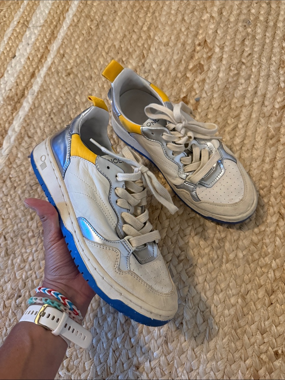 Women’s Athletic Sneakers in White, Blue & Yellow